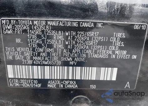 2010 Toyota Rav4 from USA, damaged, VIN 2T3BF4DV2AW065739